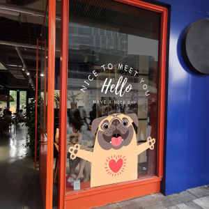 Pet Store Decorative Stickers Creative Dog Door Decals Pekingese Cartoon Wall Mural for Coffee Shop Window Arrangement