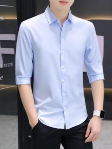 Áo Sơ Mi Nam Tay Ngắn Mùa Hè Mỏng Bằng Lụa Băng Màu Trơn Ôm Vừa Vặn Thời Trang Thường Ngày Tay Ngắn Sáu Điểm Áo Phông