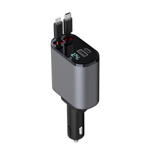 Digital display Type-c and Apple Lightning Car Charger with 86W Max Output and Stretchable Cable