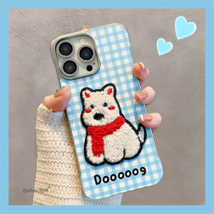 15 pro Max Full Cover Leather Phone Case Womens Style Embroidered Dog Cartoon Grid Pattern Protective Shell Anti-Fall