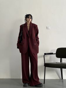 Bộ Đồ Vest Nhỏ Màu Đỏ Rượu Vang Phong Cách Hồng Kông Mùa Xuân Thu Mới Cho Nữ Bộ Đồ Hai Mảnh Chất Liệu Polyester Thời Trang