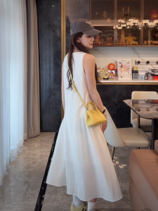 Elegant Korean Style Casual Loose Beach White Sleeveless Dress Women Summer Slimming Long Skirt High Waist Polyester Fabric