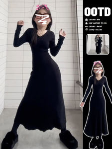 French Style Black Knitted Dress Womens Inner Wear Autumn Winter New Arrival Long Dress Early Autumn Initial Winter Outfit