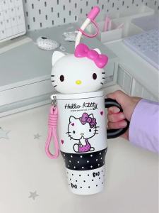 Sanrio | 1pc Cartoon Stainless Steel Insulated Cup 580ml Hello Kitty Straw Cup with Portable Handle for Car Office & Outdoor Use