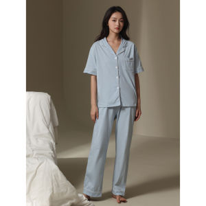 ชุดนอนผ้าฝ้ายบางแขนสั้น กางเกงขายาว ชุดนอนคู่รัก ชุดอยู่บ้าน ฤดูร้อน 2025 ชุดนอนผ้าฝ้ายแท้สีพื้น สไตล์เรียบง่าย แขนสั้น ชุดนอนคู่รัก