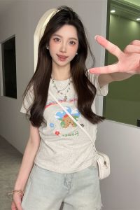 Cute Bear Print Short Sleeve Womens Slim Fit T-Shirt Sweet Girl Style Pleated Waist Short Length Commute Style Korean Version