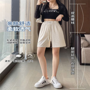 Ice Silk High Waist Loose Fit Summer Shorts Womens Thin New Style Casual Straight Leg Pants Metal Coated Fiber Pocket Detail