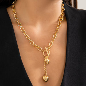 IngeSight.Z Retro Metal Heart Pendant Long Cross Chain Necklace for Women Punk Gold Color OT Buckle Choker Necklace