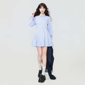 KEIKO | Business Casual Blue Striped Lyocell A-Line Dress