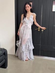 Vintage Romantic Holiday Style Flower Print Morning Mist Blue Airy Ruffles Maxi Dress