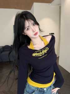 GUZILIAN | Fall New Style One Shoulder Long Sleeve Print T-Shirt Korean Version Loose Fit Base Layer Hot Girl Top Skin Friendly Breathable