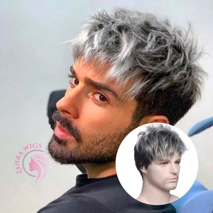 Wig Pria Rambut Pendek Straight Ombre Grey Black Rambut Palsu
