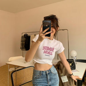 Slim Fit Cotton T-Shirt Women Summer Short Sleeve round Neck Print Geometric Pattern Korean Style Sweet And Spicy Girl Top