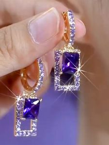 Exquisite Purple Geometric Crystal Hoops with Micro-Paved Diamonds Sparkling Fashionable High-End Earrings for Women