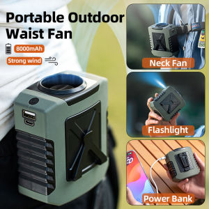 8000mAh Outdoor Portable Waist Fan Hanging Neck Fan Strong Wind with Power Bank LED Lighting for Sports Courier Outdoor Working