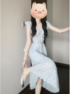 CHANGTONG | Gentle French Style Cornflower Blue Dotted Long Dress Slim Fit