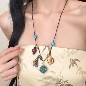 Retro Colorful Lucky Bead Necklace Womens New Chinese Style Ethnic Long Sweater Chain Fashion Jewelry Accessory