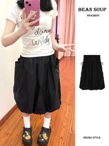 Black Bloomer Half Skirt Womens High Waist Design Pocket A-Line Puffy Skirt Commute Style Mid-Length Pure Color Skirt