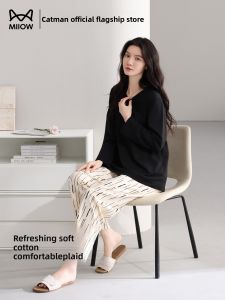 MiiOW | Pure Cotton Long Sleeve Sleepwear Set Casual Spring Autumn Womens Home Clothes Cat Person MiiOW Comfortable Breathable Nightgown