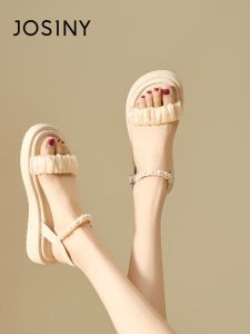Josiny Thick Heel Sandals Womens White 2024 Spring Summer New Fairy Style Flat Bottom Pearl Buckle Beach Womens Shoes
