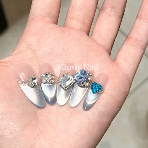 Nhựa Giả Móng Tay Thời Trang Pure Handmade Blue Flash French Cat Eye Dễ Mang Theo Đính Đá Rhinestone Tấm Lót Nails Art