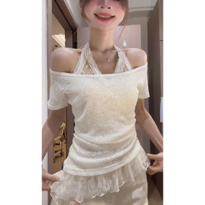 YUEZHONGWEI | Áo thun tay ngắn hở vai kiểu Pháp cho nữ mùa hè ôm vừa vặn Pure Desire Lace Neckline Two-Piece Set Áo thun tay ngắn thường ngày