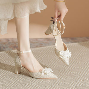 Baotou Hollow Sandals Womens Champagne Heels Shallow Pointed Toe Not Tired Feet Block Heels