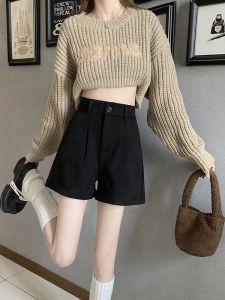 High Waist Straight Leg Woolen Short Pants Womens plus Size Autumn Winter Outerwear Casual Trousers Bootcut Pants