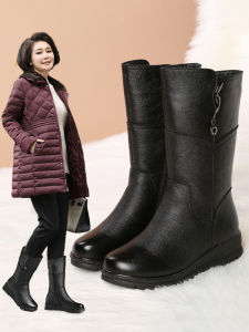 Thickened Leather Boots Womens Winter Warm Mid-calf Snow Boots Comfortable Cotton Shoes Metal Zipper round Toe Rubber Sole