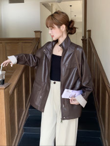 Café Brown American Style Fashionable Drawstring Leather Jacket Womens 2025 Autumn New Sweet Cool Style Leather Jacket