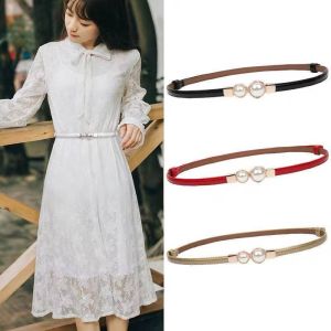 Women Thin Belt Immitation Pearl Metal Buckle Adjustable PU Leather Waist Belt For Ladies Dress Coat Decoration Waistband (Brown/Coffee/Black/White)