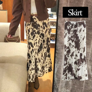 HH 2025 Female Leopard Print Midi Skirts Retro Summer Satin Drawstring Zipper Midi Skirt Womens Fashion Bottoms Streetwear