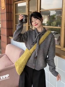 Trendy Knitted Scarf Neck Open Cardigan Womens Striped Fashionable Versatile Korean Style Spring Autumn New Arrival Top