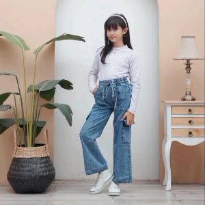 Celana jeans Cargo Panjang Highwaist Anak Perempuan Usia 6-13 Tahun Korean Style