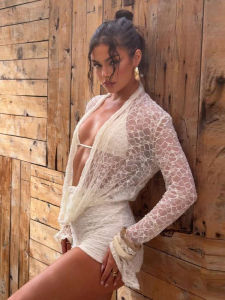 kliou Lace Sheer Women 2 Piece Set Summer Solid Embroidered Swinging Neck Full Sleeve Tops+Matching Shorts Mujer French Outfits