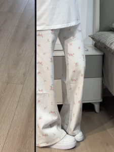 โดปามีนลายดอกไม้ สีขาว ขาตรง กางเกงยีนส์ ผู้หญิง ฤดูร้อน ใหม่ หลวม สลิมสูง เอว เดรปขากว้าง กางเกง ลำลอง สบาย เดนิม