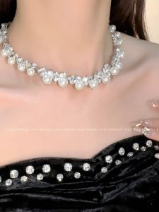 Ultra-Shiny Full-Diamond Pearl Necklace Womens Luxury Design Sensation Clavicle Chain Necklace Accessory Moonlight Silver Snow