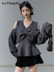 La Chapelle | Bow Design Relaxed V-Neck Knit Sweater Autumn