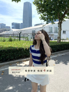 ZhangZhiZhi Womens Slim Fit Short Sleeve Striped Knit Top Shoulder Width Regular Autumn Fashion Casual Wear