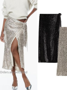 Fashionable High Waist Wrap Style Sequin Midi Skirt Womens Design Sensual Long Skirts Autumn New Arrival Slimming Effect