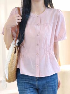 French Pure Color Short Sleeve Women's Shirt: 2025's Unique Bubble Sleeve Top