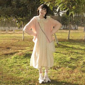 Korean Style Floral Print Dress Knitted Sweater Cardigan Two-Piece Set High Waist Long Sleeve Midi Skirt H-Shape College Style