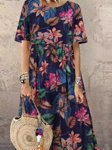 ชุดเดรสยาวแขนสั้นพิมพ์ลายดอกไม้ย้อนยุค กระโปรงทรงเอ คอตั้ง เอวกลาง ผ้าโพลีเอสเตอร์ ฤดูร้อน 2024 ชุดเดรสยาวปานกลาง