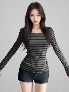 Funoff Retro Striped One Shoulder Lightweight Long Sleeve Basic round Neck T-Shirt Women Spring Casual Comfortable Breathable