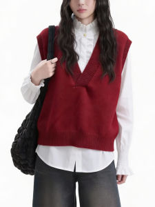 QINGNAER | French Retro Stylish Layerable Red V-neck Sleeveless Knit Vest