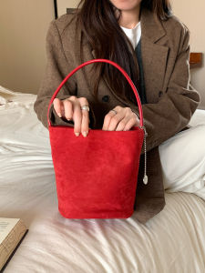 Womens Suede Bucket Bag Red Large Capacity Shoulder Bag Fashionable Autumn Winter Handbag Commuter Polyester Fiber
