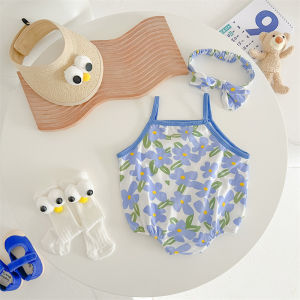 Free Hair Band Romper Infant Baby Girl Fresh Jumpsuit over Print Suspenders Triangle Rompers