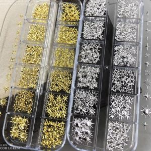 12Grids 3D Gold Silver Star Nail Charms Alloy Metal Starlight Nail Art Decoration Manicure Jewelry Rivet Accessories Supplies
