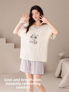 Miiow | Cat Woman Ice Silk Short Sleeve Sleepwear Set Womens Summer Thin Outerwear Home Clothes With Chest Pad 2025 New Style