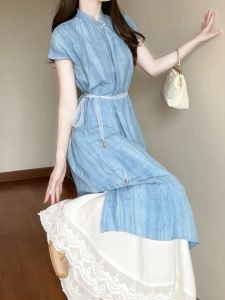 New Chinese Style Blue Zen Short Sleeve Dress Women Summer Design Loose Slimming Long Skirt Two-Piece Set A-Line Dress
